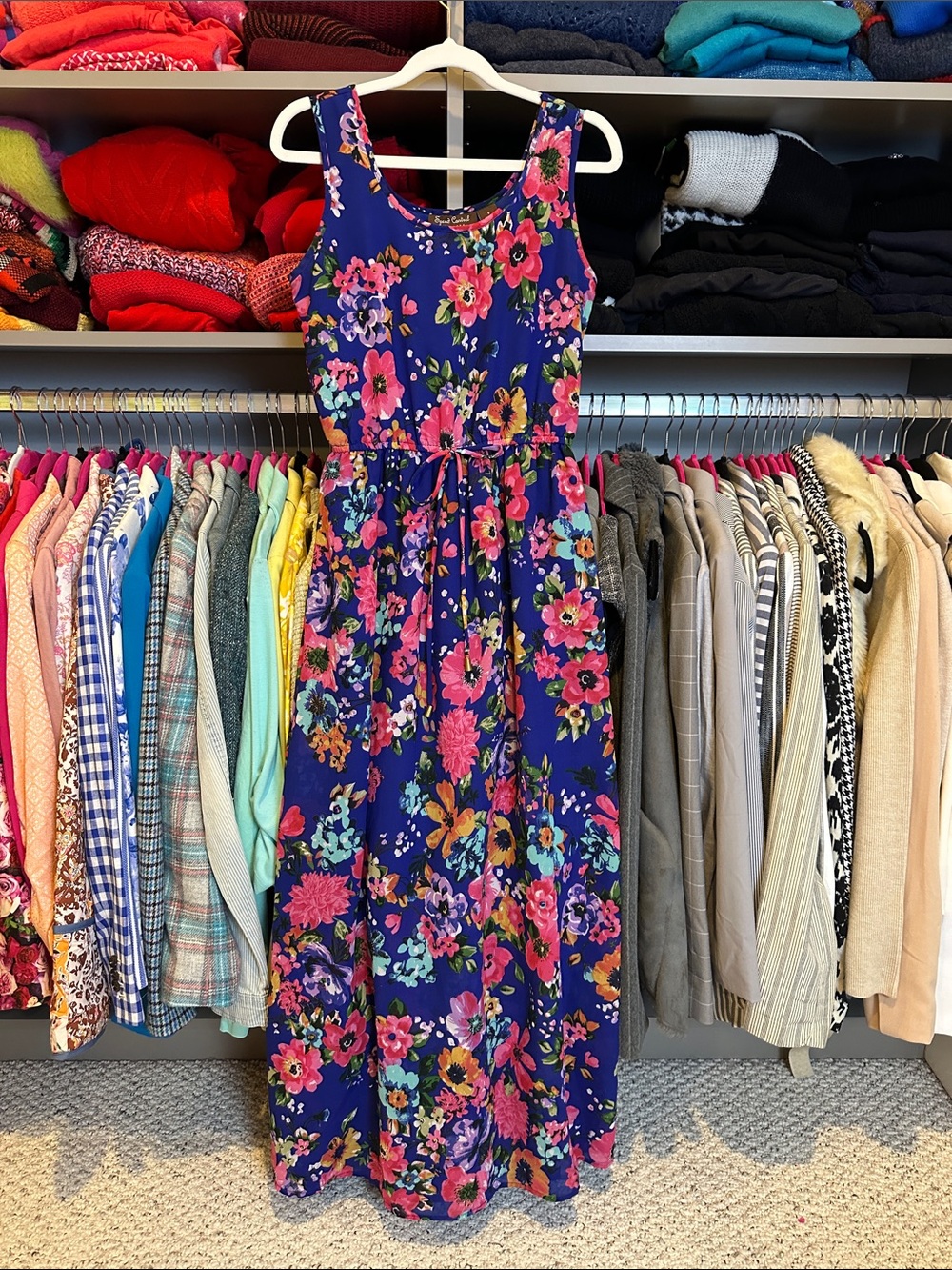Speed Control blue/pink floral sleeveless elastic waist lined maxi dress size S